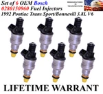 Set Of 6 Genuine Bosch Fuel Injectors For 1992 Pontiac Trans Sport Bonnevill 3.8. Fixed Price $175.00.